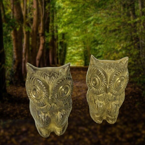 Vintage MCM Brass Set of Two Horned Night Owl Bookends Gold Figurines - Picture 2 of 12